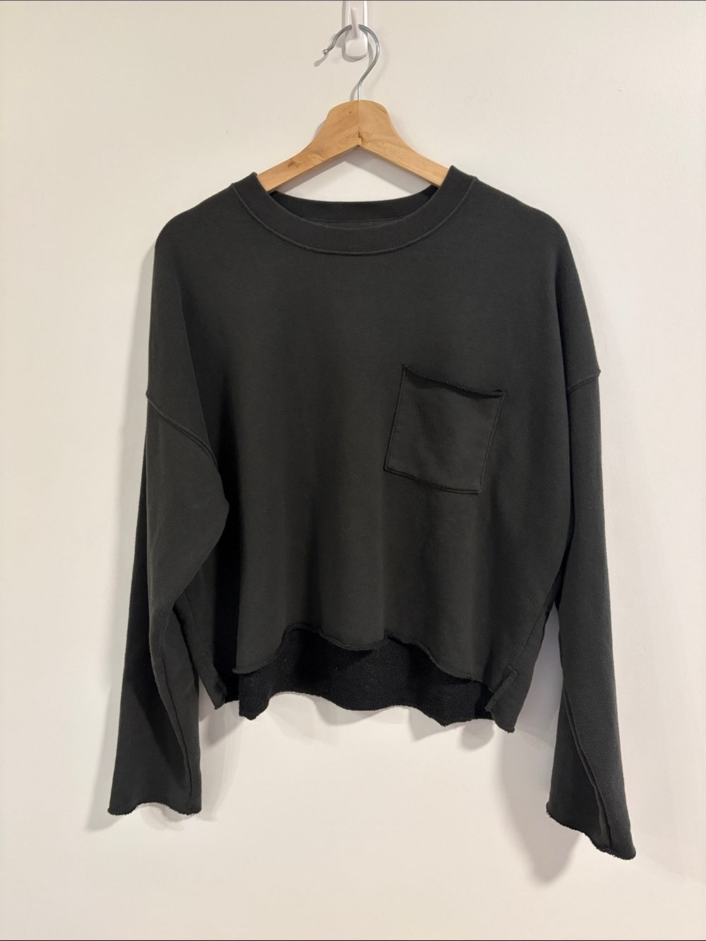 aerie Charcoal Cropped Pocket Sweatshirt with Raw Hem